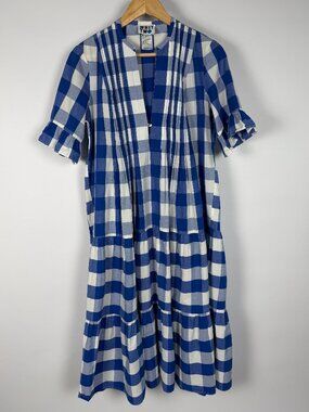 WHIT TWO  Blue & White Buffalo Check Midi Dress Size Small